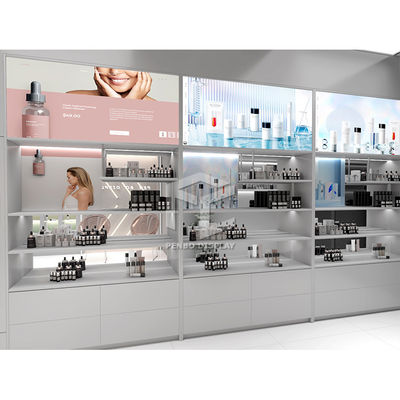 Les cosmétiques enduits de vente au détail de meubles d'affichage de magasin de soins de la peau de poudre font des emplettes décoration
